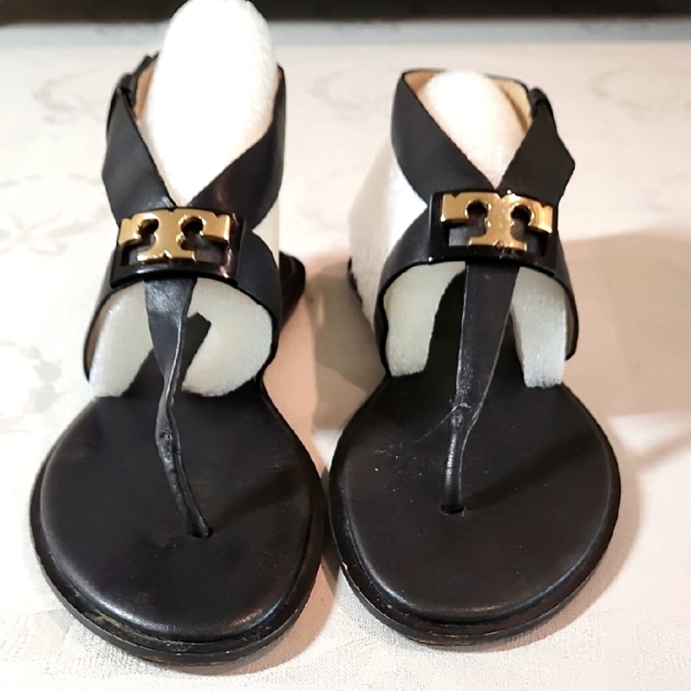 Tory Burch Black and Gold Sandals with Iconic Logo